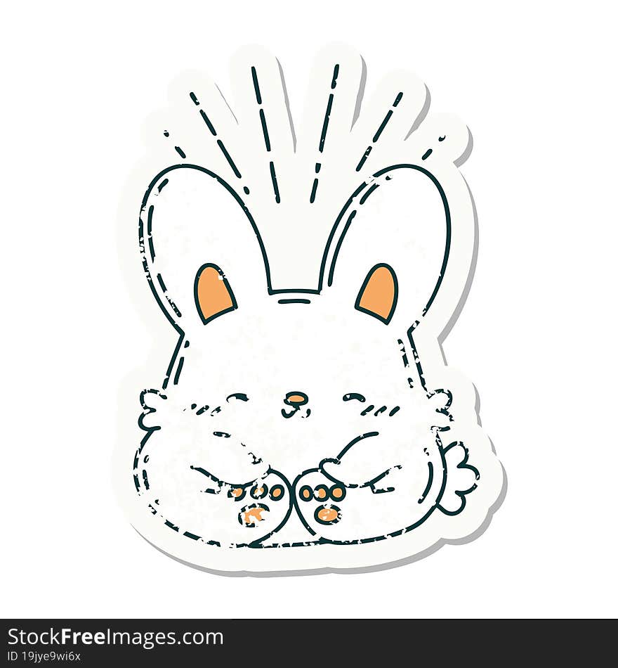 worn old sticker of a tattoo style happy rabbit. worn old sticker of a tattoo style happy rabbit