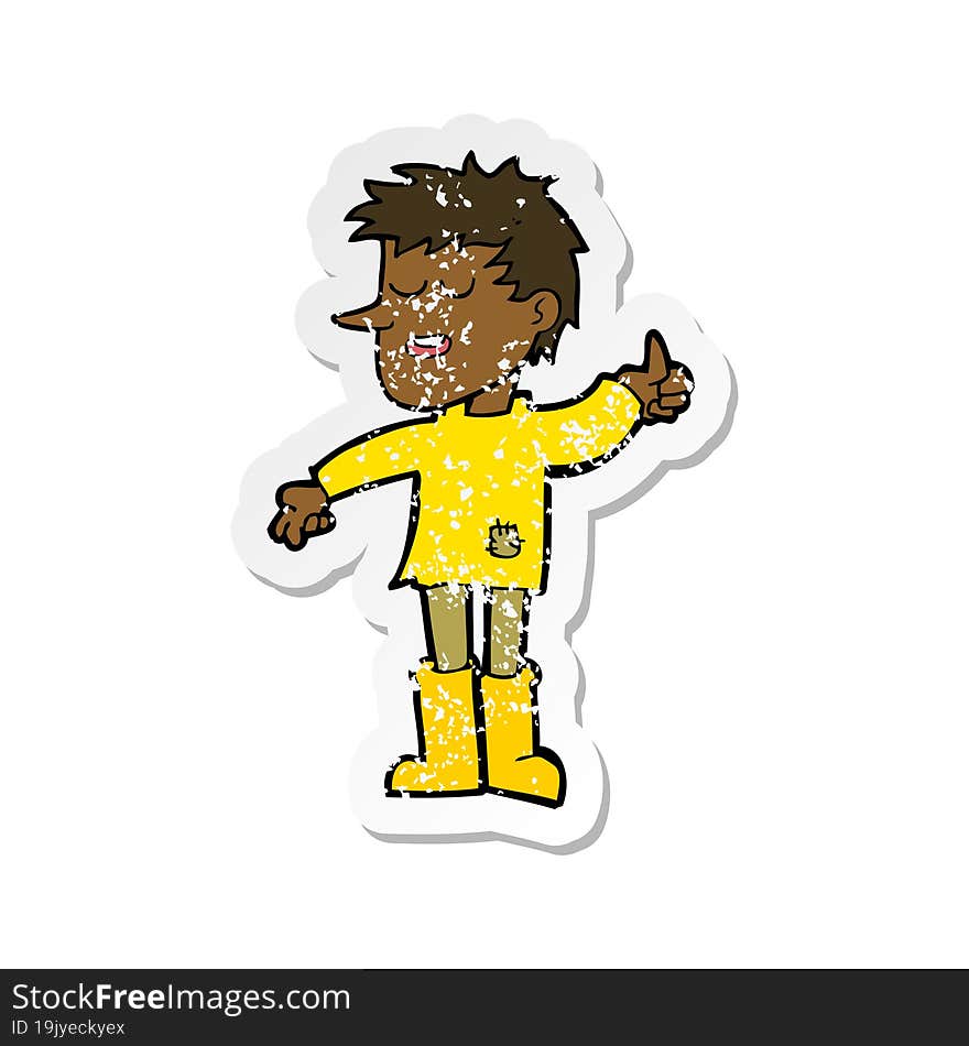 retro distressed sticker of a cartoon poor boy with positive attitude