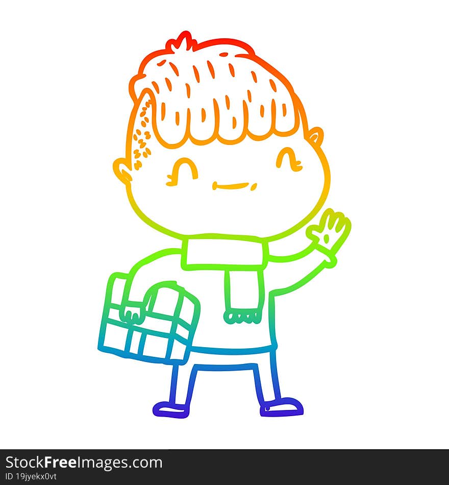 rainbow gradient line drawing cartoon friendly boy with christmas present