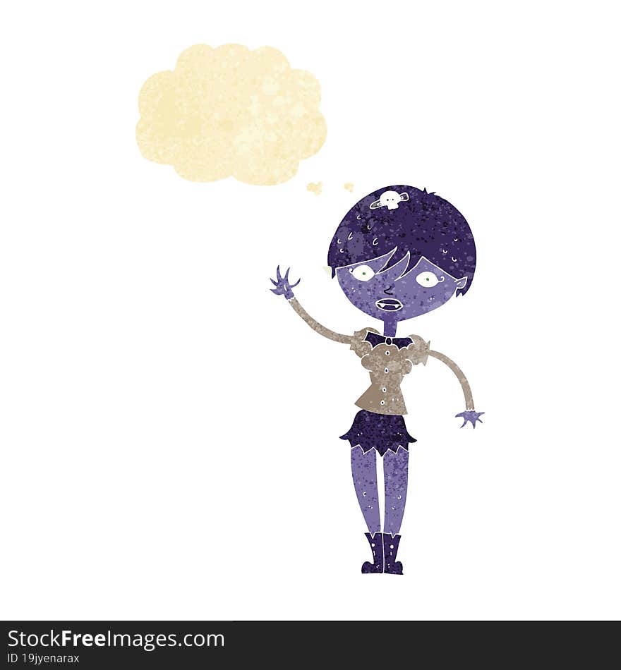 cartoon vampire girl waving with thought bubble