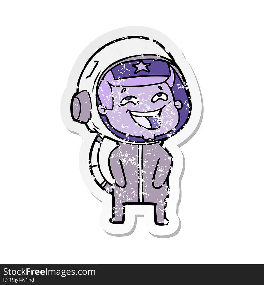 distressed sticker of a cartoon laughing astronaut