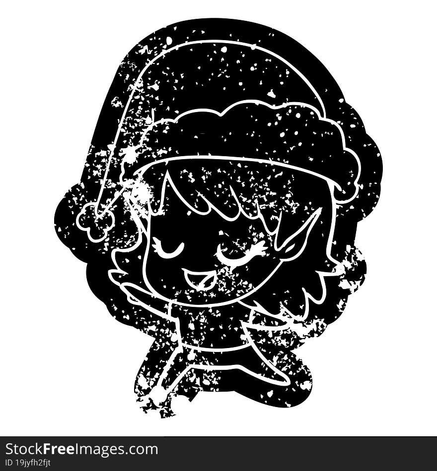 quirky cartoon distressed icon of a happy elf girl dancing wearing santa hat. quirky cartoon distressed icon of a happy elf girl dancing wearing santa hat