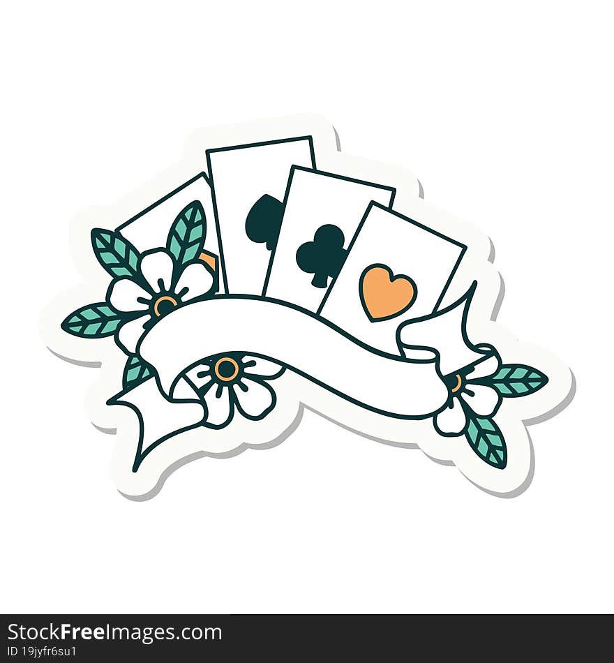 tattoo style sticker of cards and banner