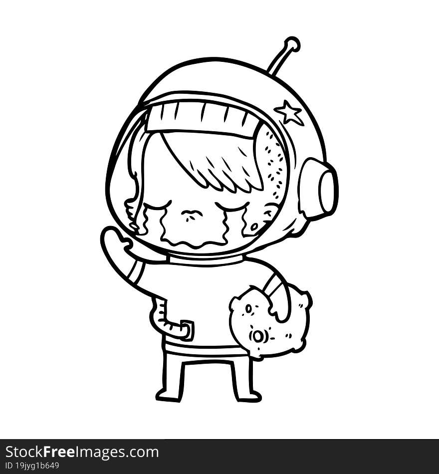 cartoon crying astronaut girl carrying rock sample. cartoon crying astronaut girl carrying rock sample