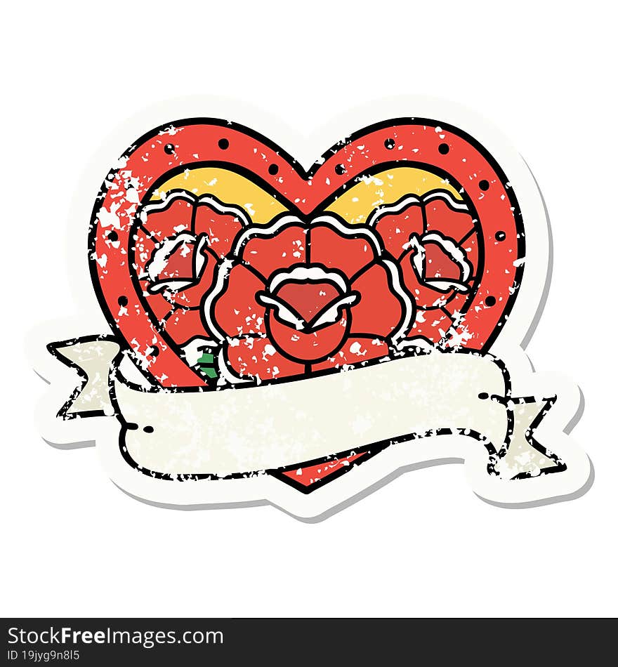 distressed sticker tattoo in traditional style of a heart and banner with flowers. distressed sticker tattoo in traditional style of a heart and banner with flowers