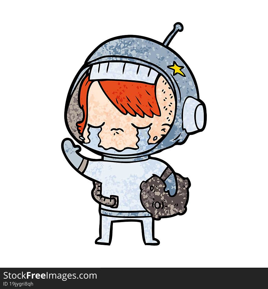 cartoon crying astronaut girl carrying rock sample. cartoon crying astronaut girl carrying rock sample