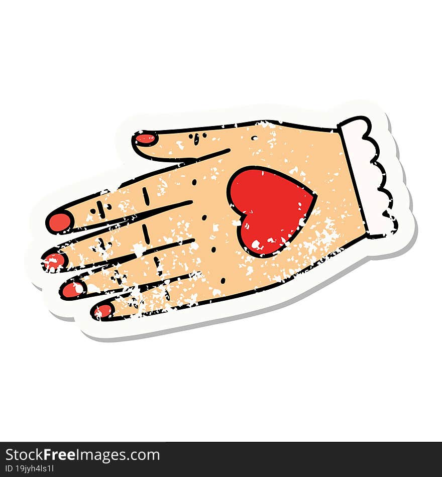 Traditional Distressed Sticker Tattoo Of A Hand