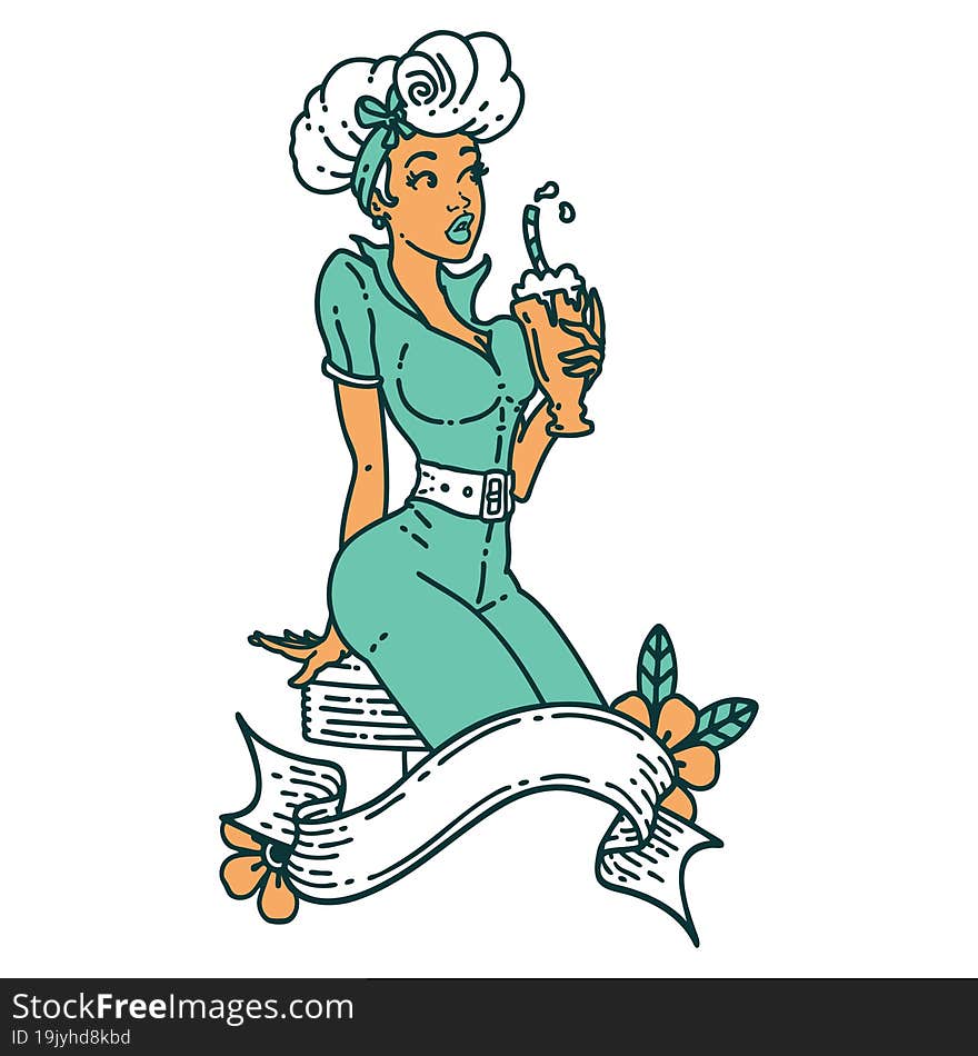 tattoo style icon of a pinup girl drinking a milkshake with banner