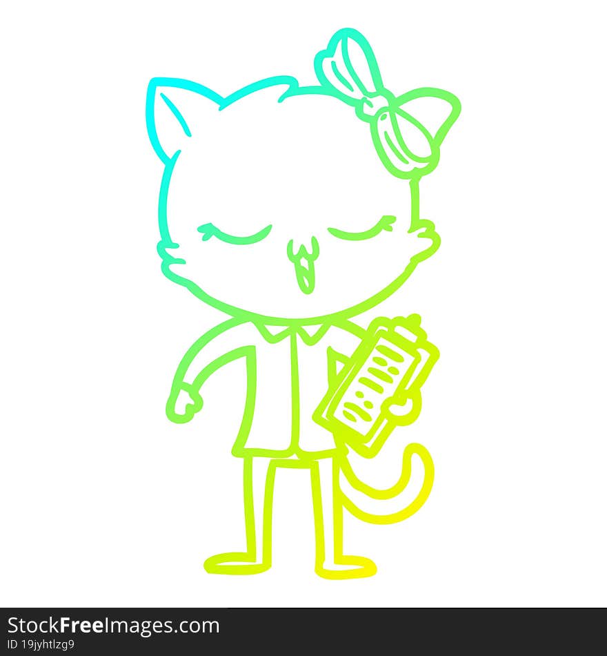 cold gradient line drawing cartoon cat with bow on head