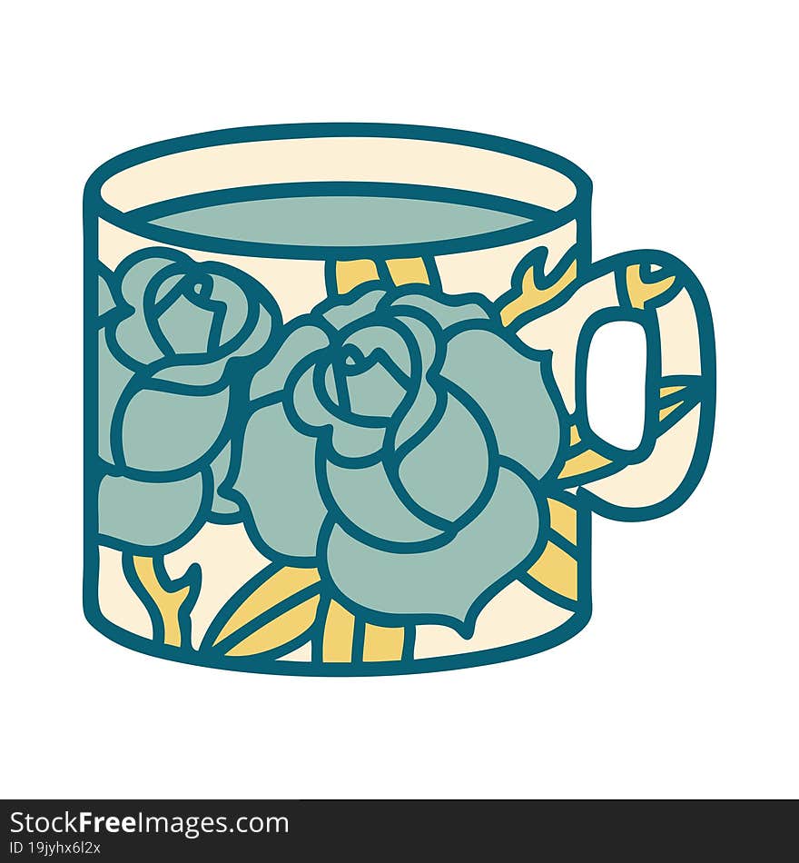 tattoo style icon of a cup and flowers