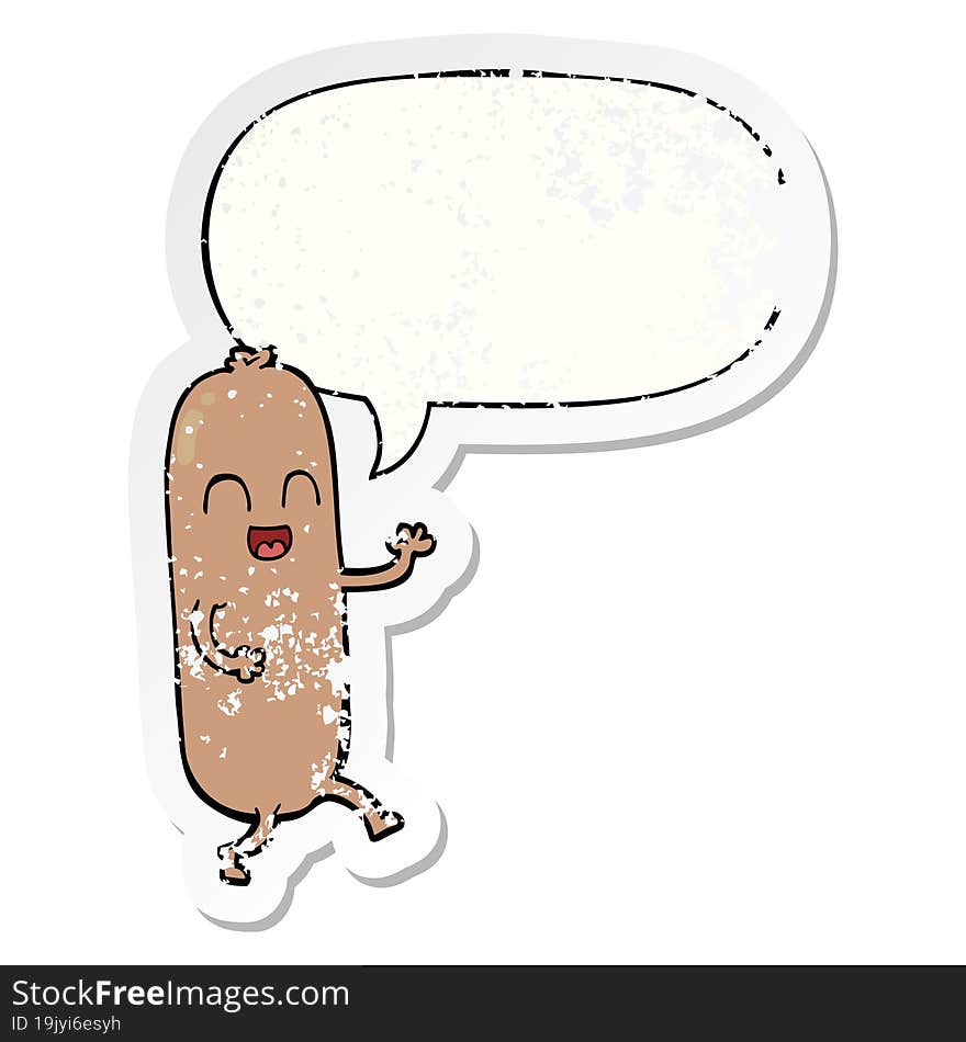 cartoon dancing sausage and speech bubble distressed sticker