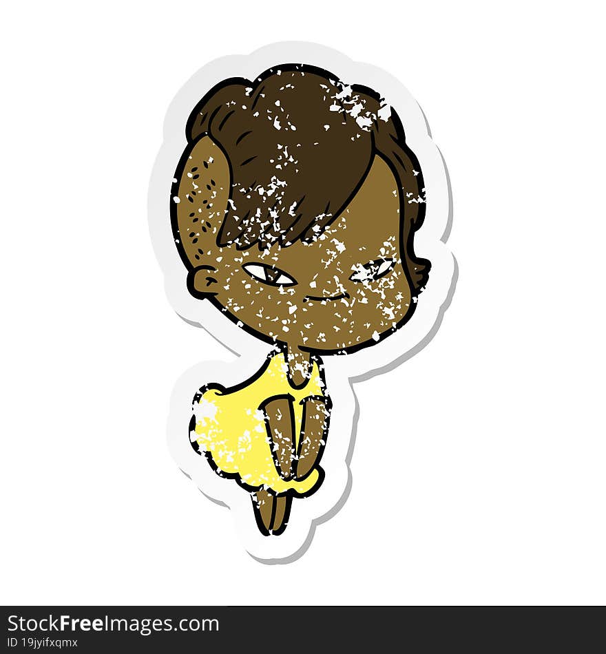 distressed sticker of a cute cartoon girl with hipster haircut