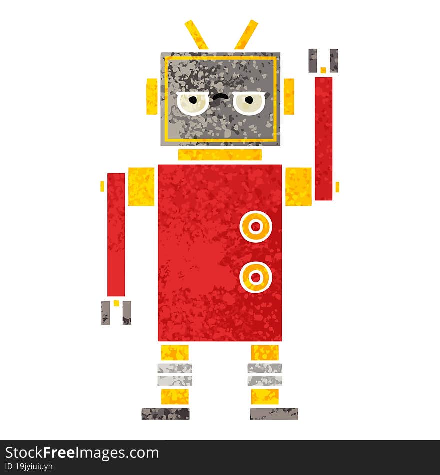 retro illustration style cartoon annoyed robot