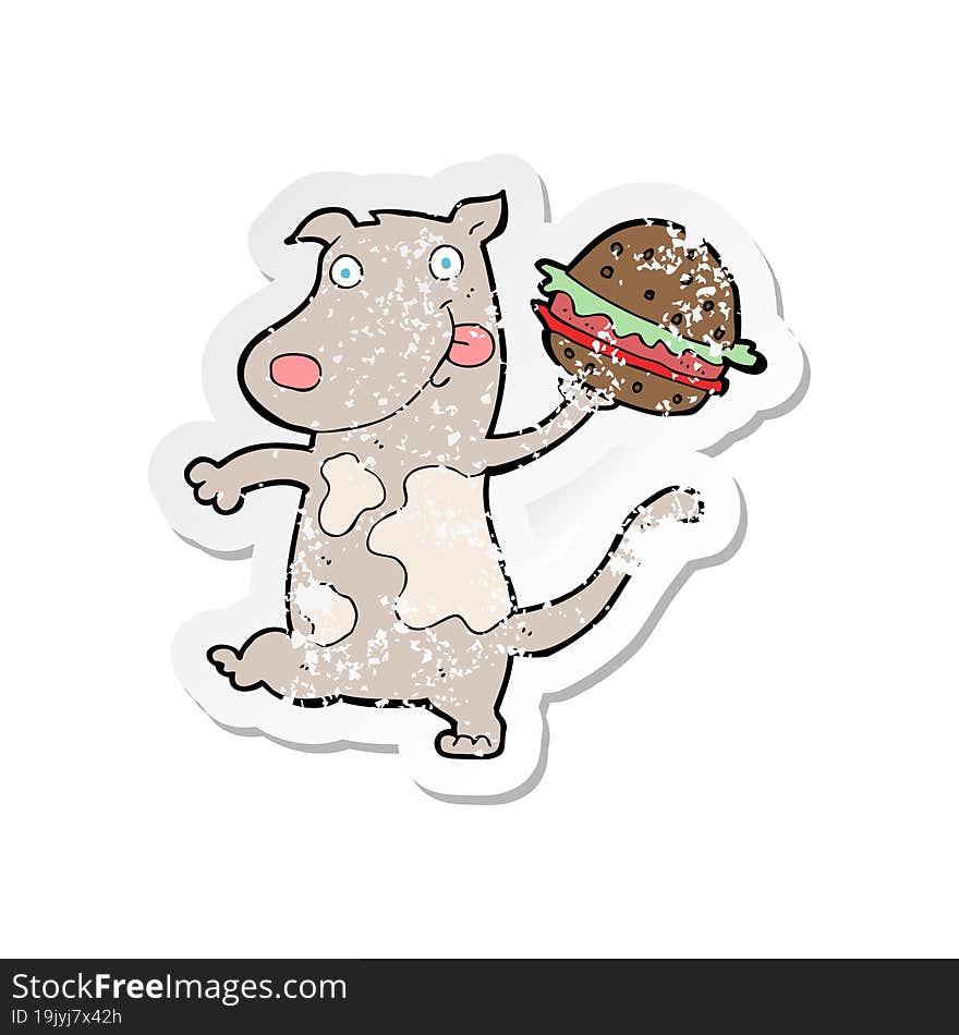 Retro Distressed Sticker Of A Cartoon Hungry Dog With Burger