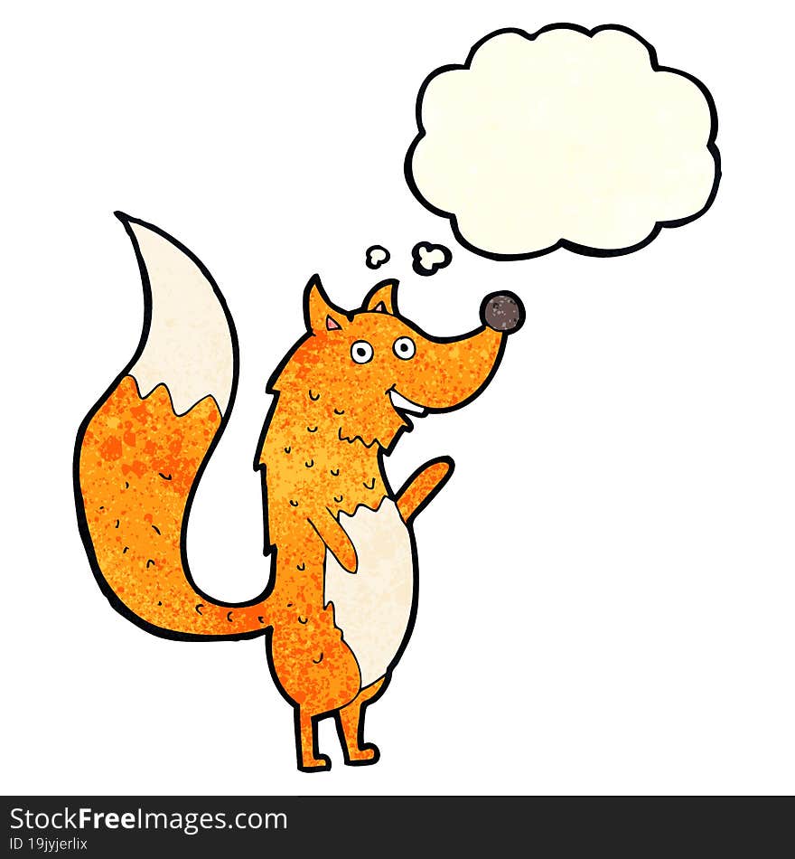 cartoon waving fox with thought bubble