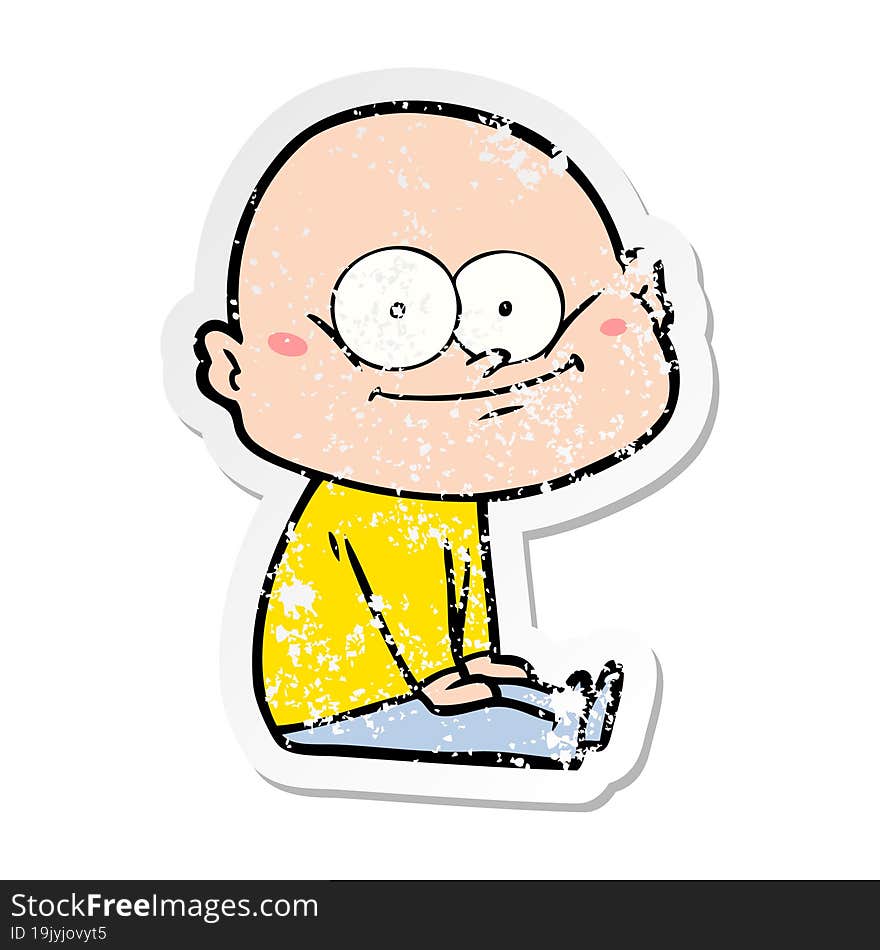 distressed sticker of a cartoon bald man staring