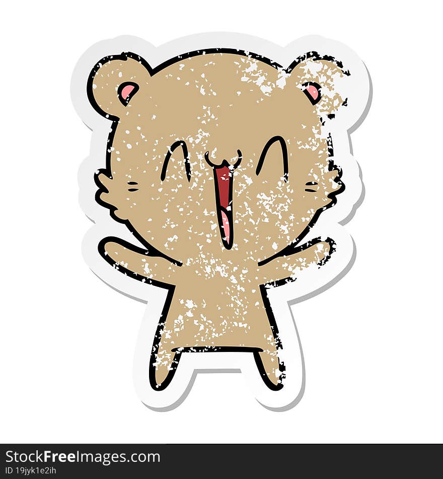 distressed sticker of a happy bear cartoon