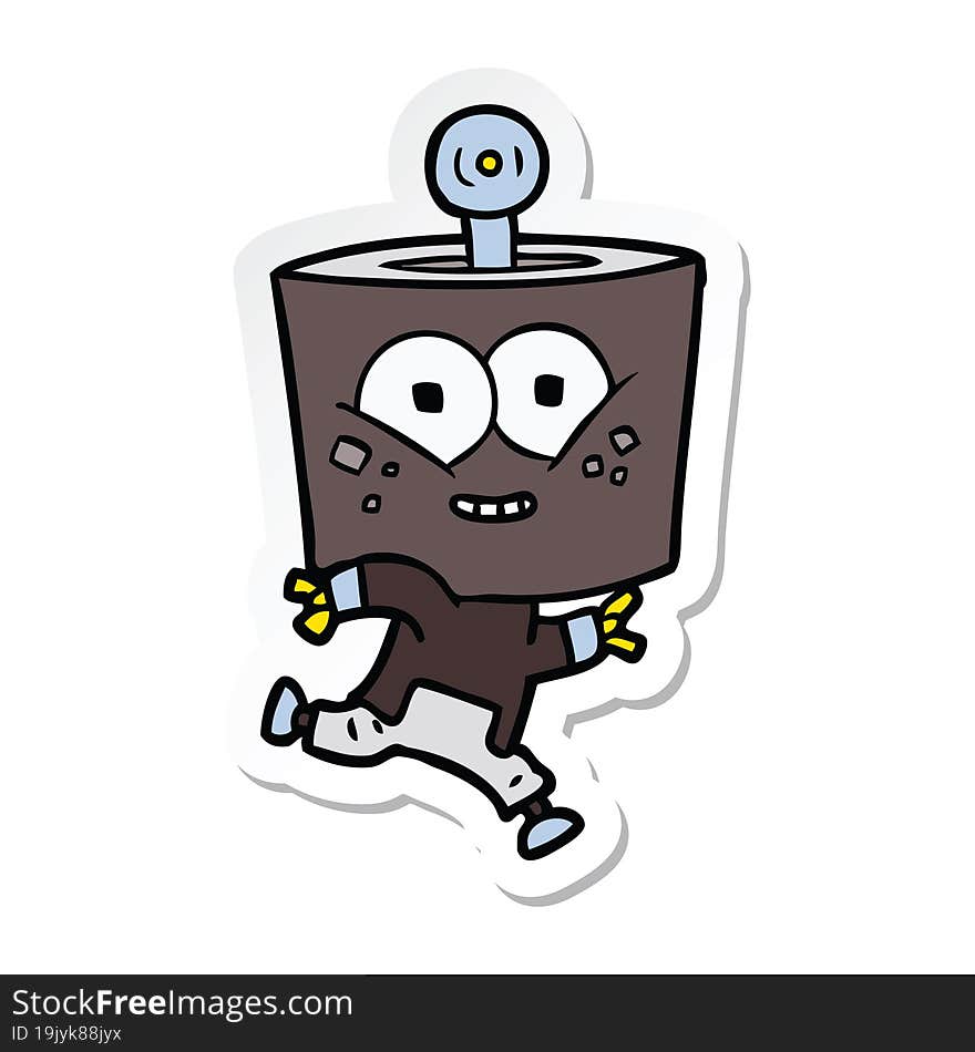 sticker of a happy cartoon robot running