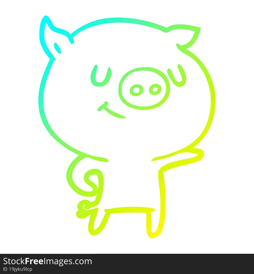 cold gradient line drawing of a happy cartoon pig