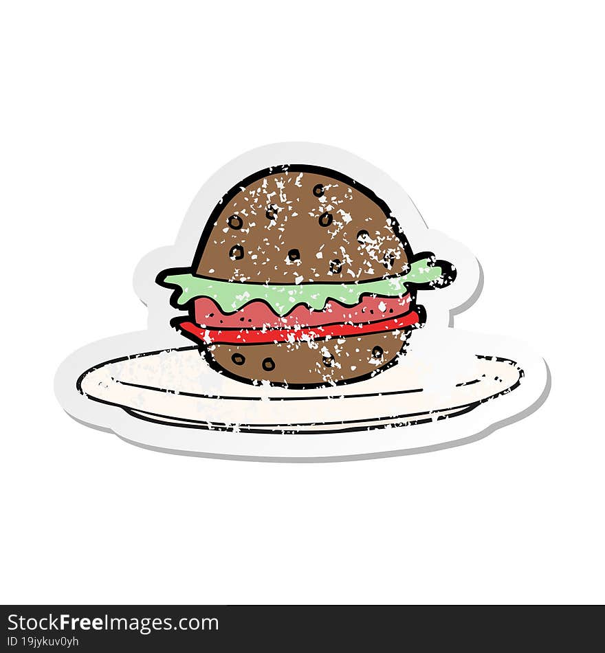 Retro Distressed Sticker Of A Cartoon Burger On Plate