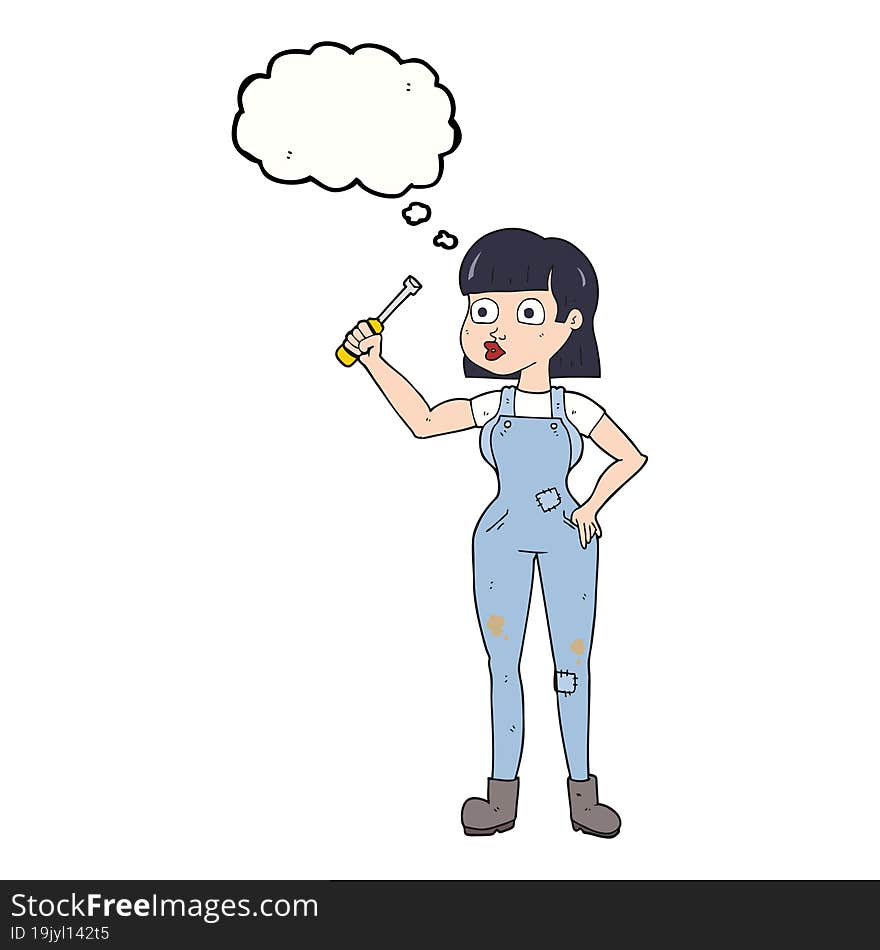 freehand drawn thought bubble cartoon female mechanic