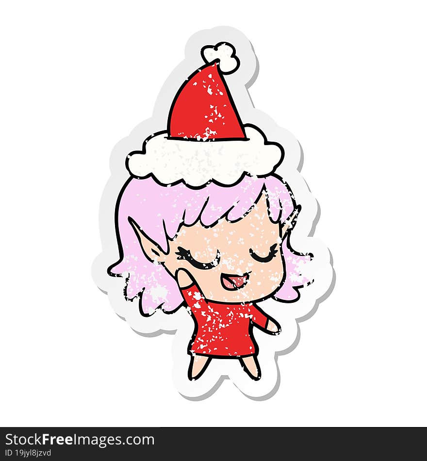 happy distressed sticker cartoon of a elf girl wearing santa hat