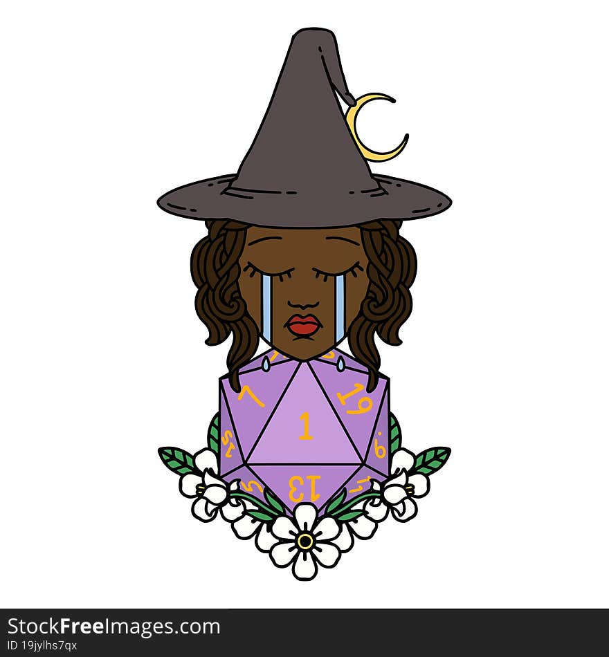 Crying Human Witch With Natural One D20 Dice Roll Illustration