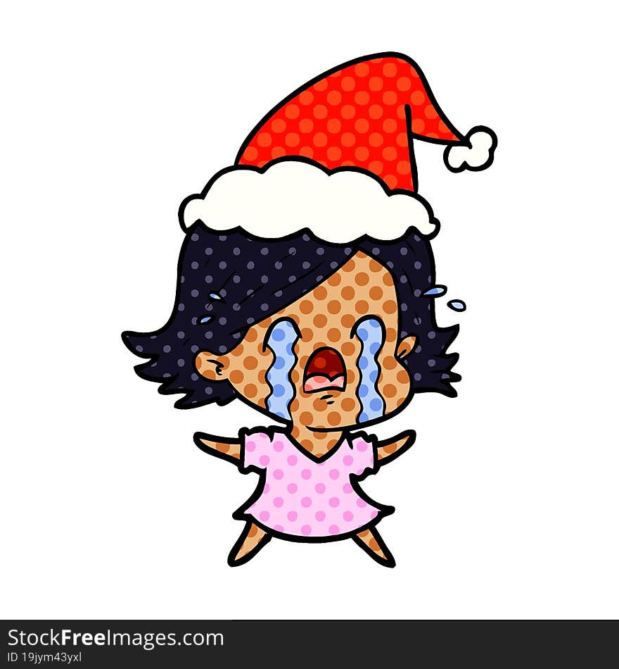 comic book style illustration of a woman crying wearing santa hat