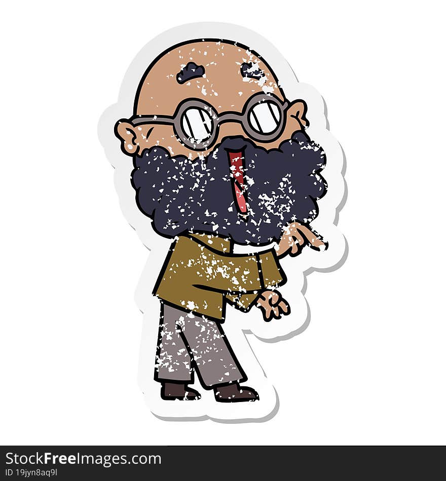 distressed sticker of a cartoon joyful man with beard pointing finger