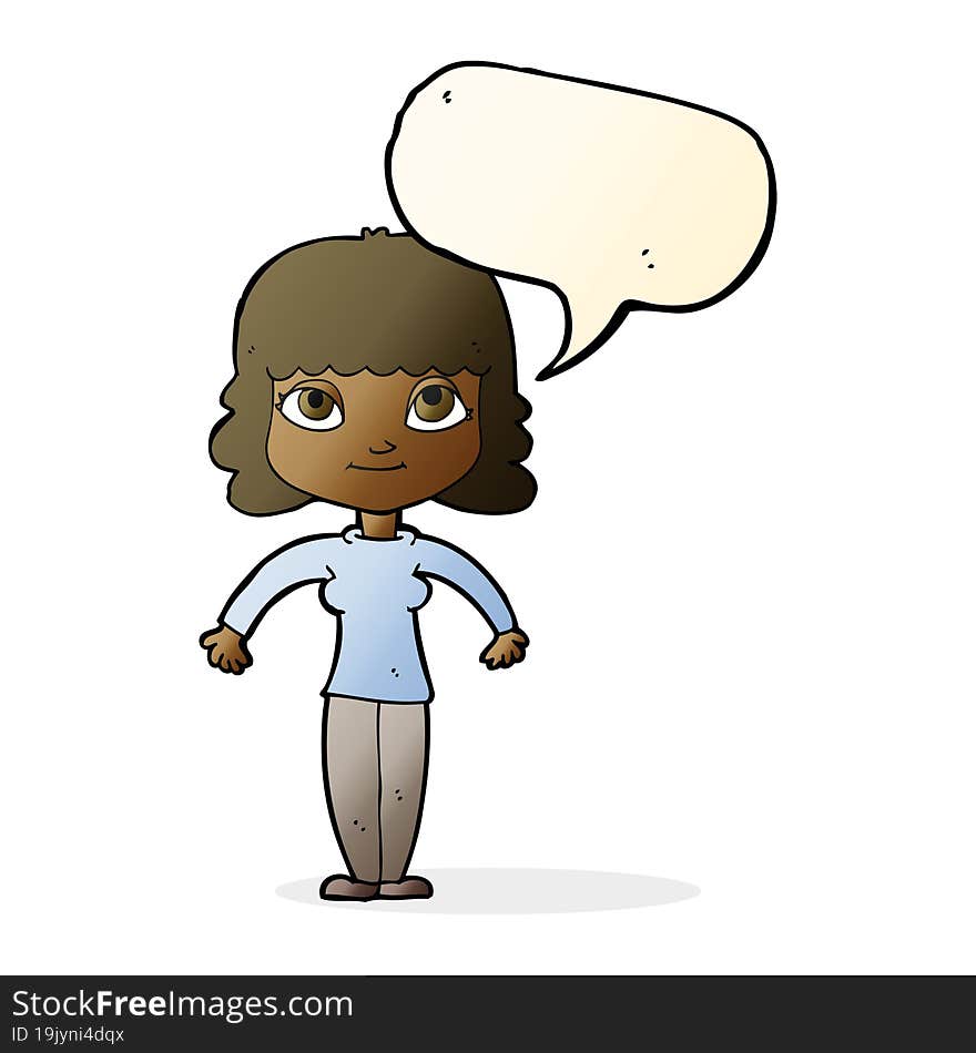 cartoon woman shrugging shoulders with speech bubble