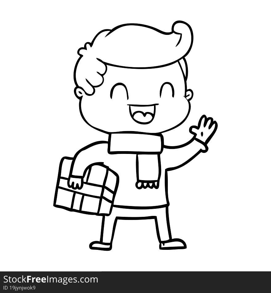 cartoon laughing man holding gift. cartoon laughing man holding gift