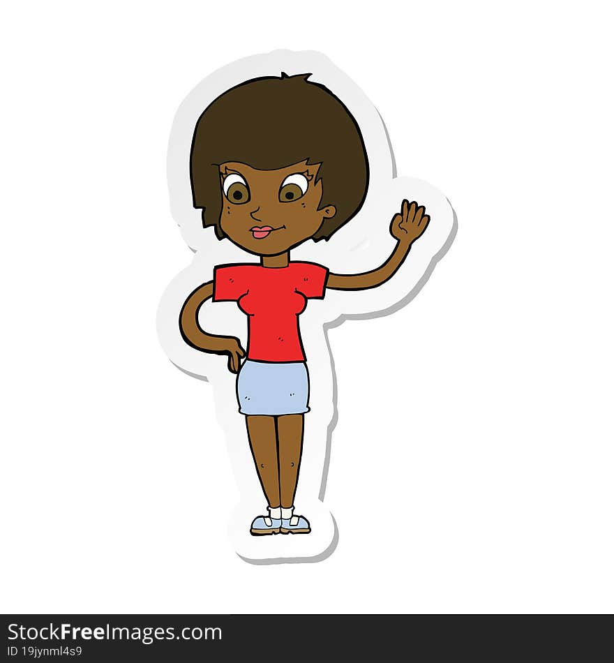 sticker of a cartoon woman waving