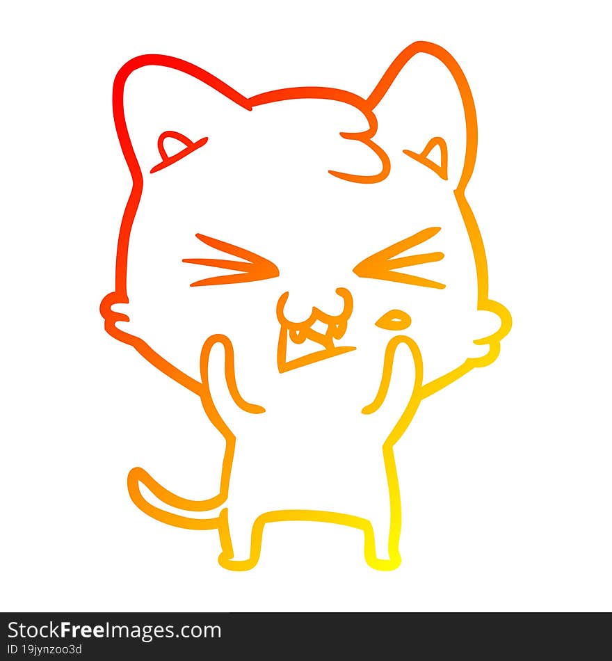 warm gradient line drawing of a cartoon cat hissing