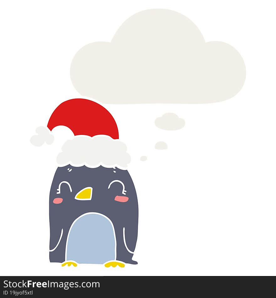 Cute Christmas Penguin And Thought Bubble In Retro Style