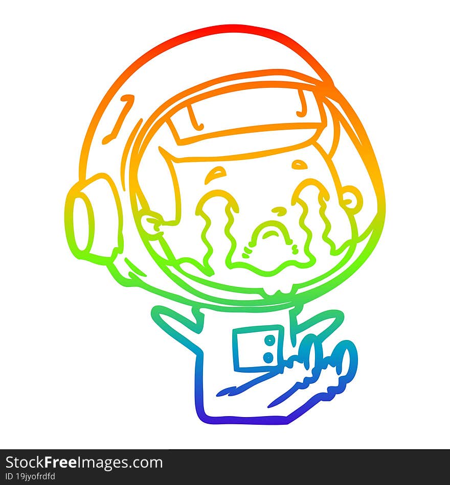 rainbow gradient line drawing of a cartoon crying astronaut