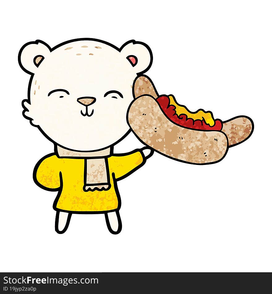 happy cartoon polar bear with hot dog. happy cartoon polar bear with hot dog