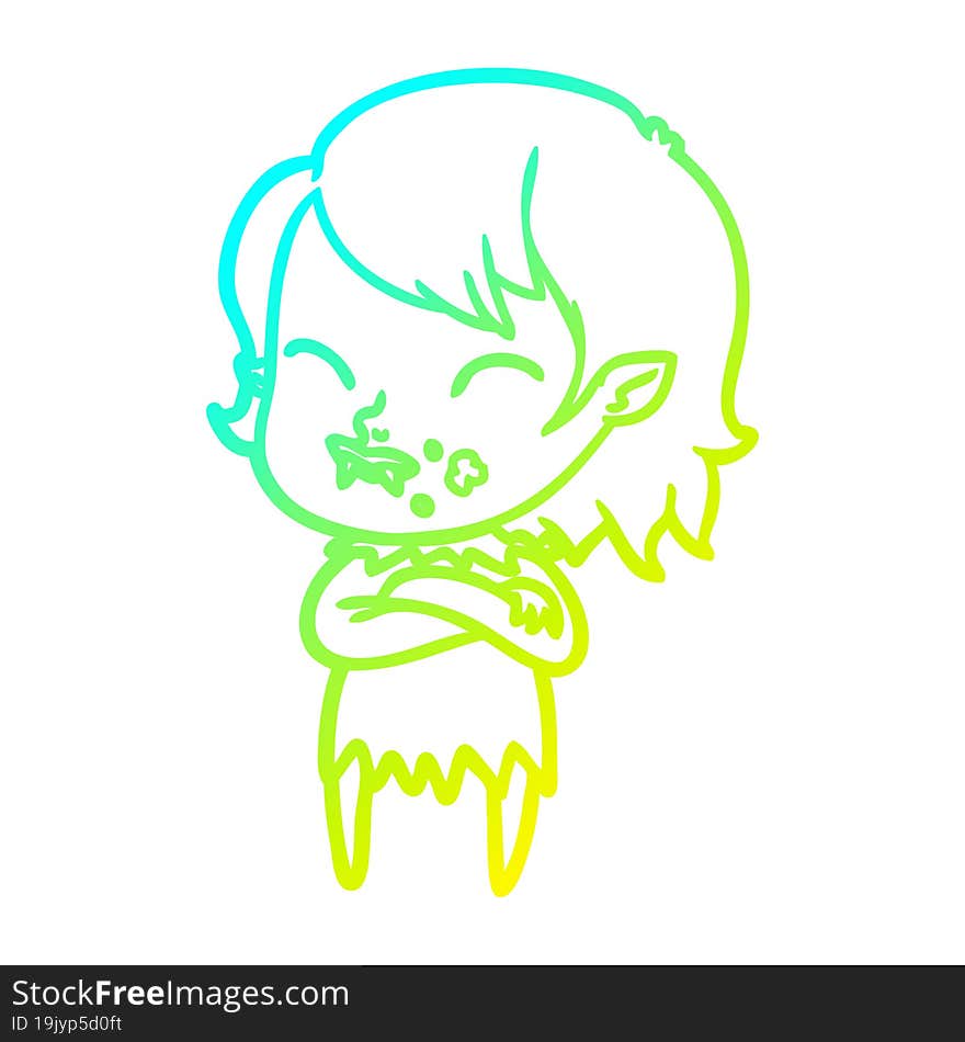 cold gradient line drawing cartoon vampire girl with blood on cheek