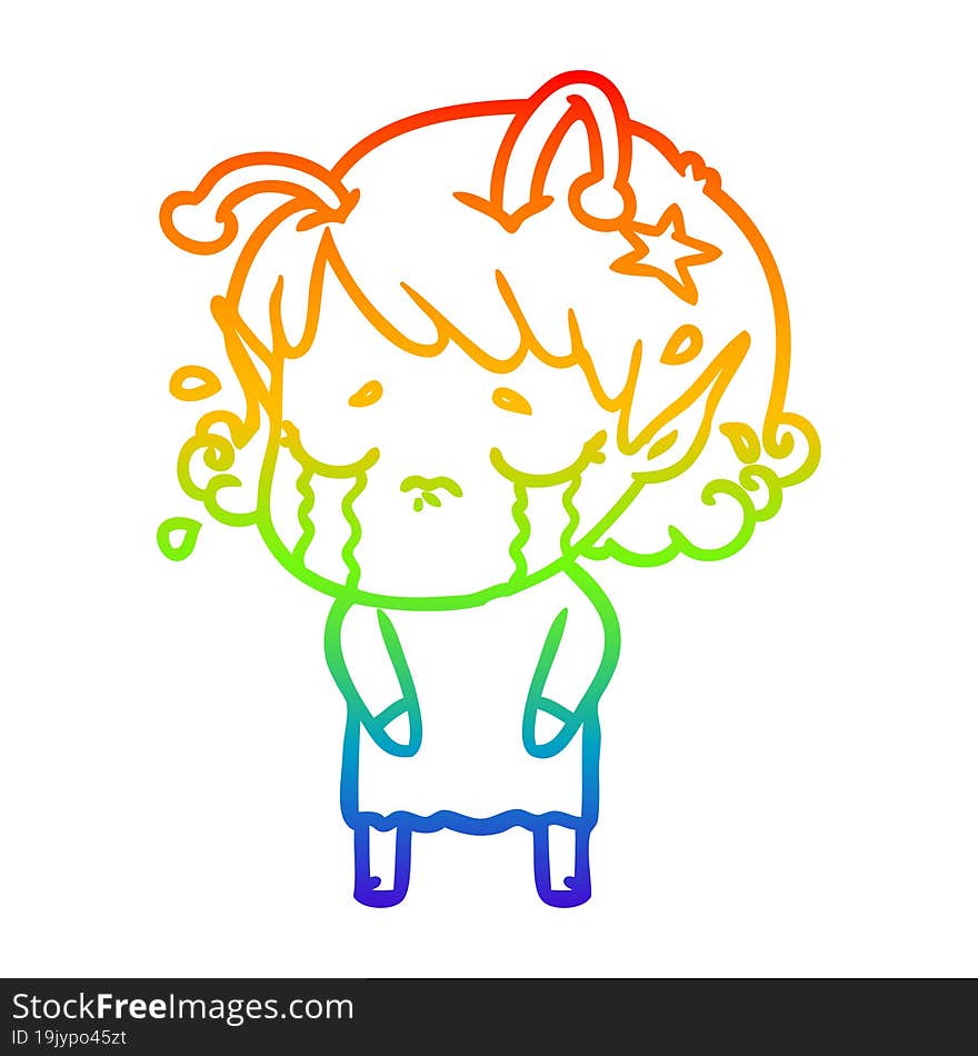 rainbow gradient line drawing cartoon crying alien girl