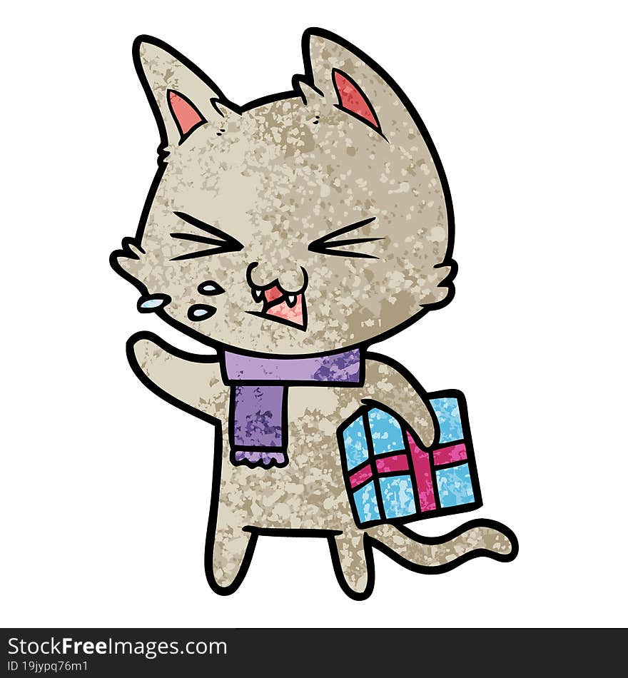 cartoon hissing cat with christmas present. cartoon hissing cat with christmas present