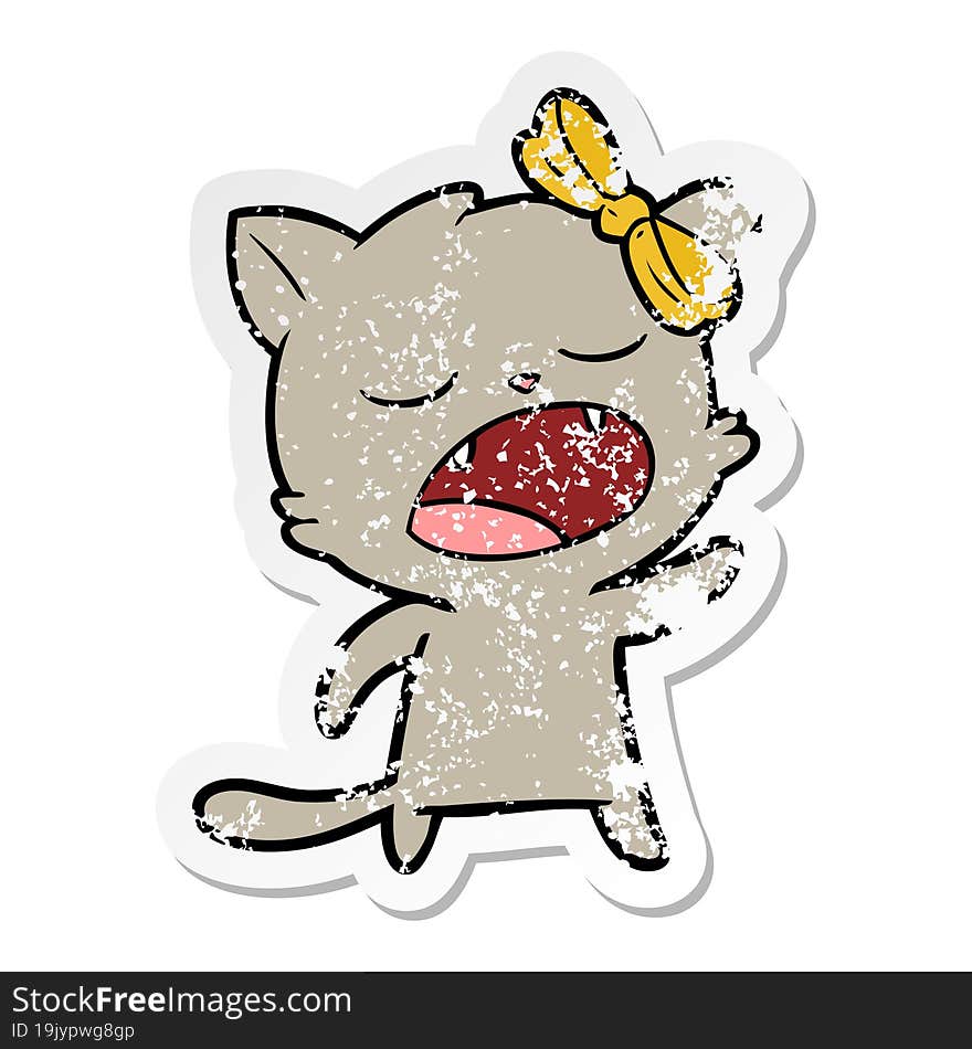 distressed sticker of a cartoon cat meowing