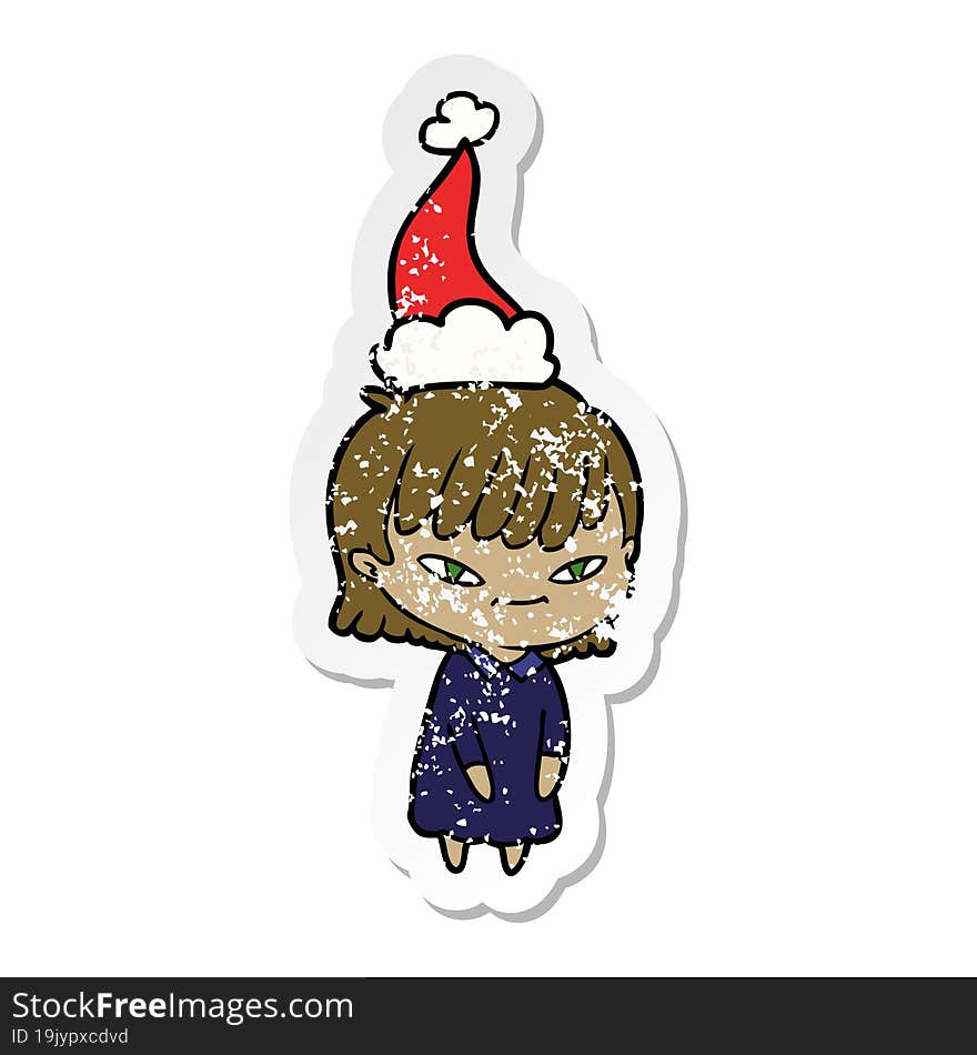 hand drawn distressed sticker cartoon of a woman wearing santa hat