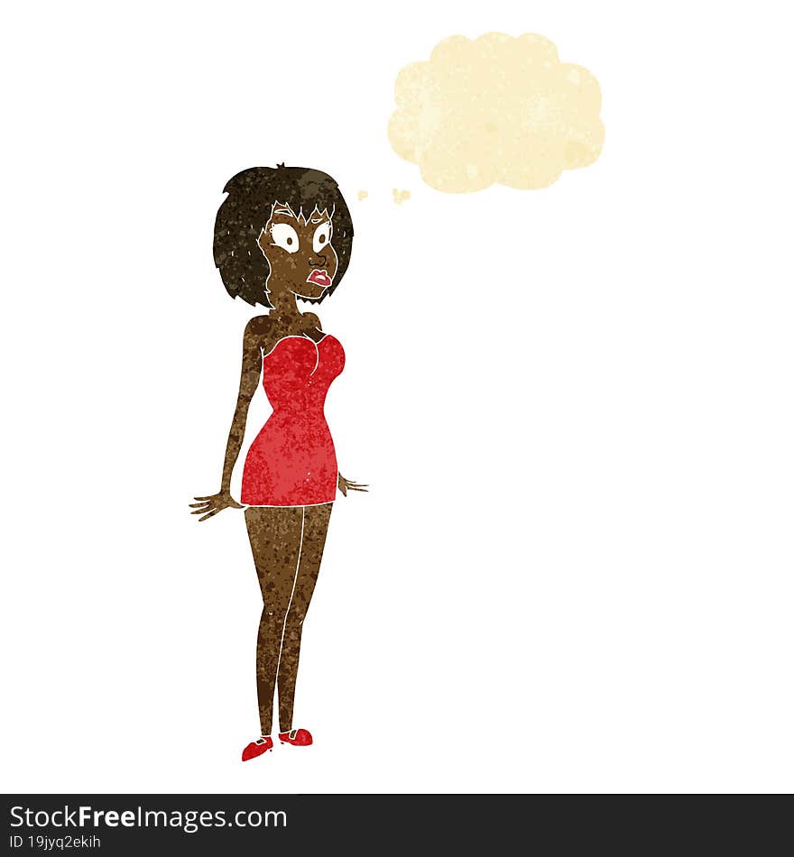 cartoon surprised woman in short dress with thought bubble