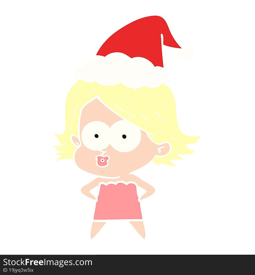 flat color illustration of a girl pouting wearing santa hat