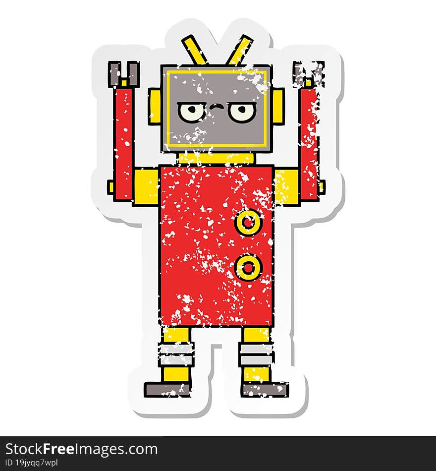 Distressed Sticker Of A Cute Cartoon Annoyed Robot