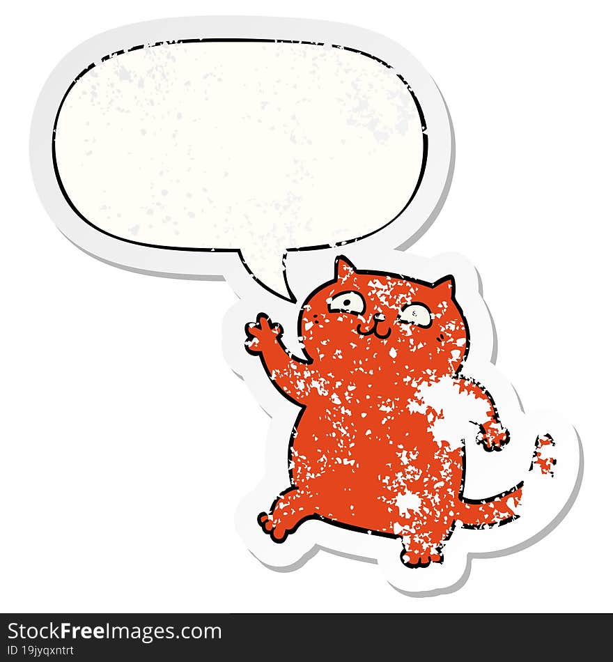 cartoon cat with speech bubble distressed distressed old sticker. cartoon cat with speech bubble distressed distressed old sticker