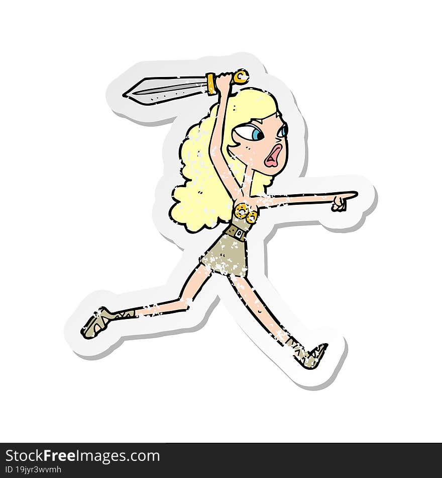 retro distressed sticker of a cartoon viking girl with sword