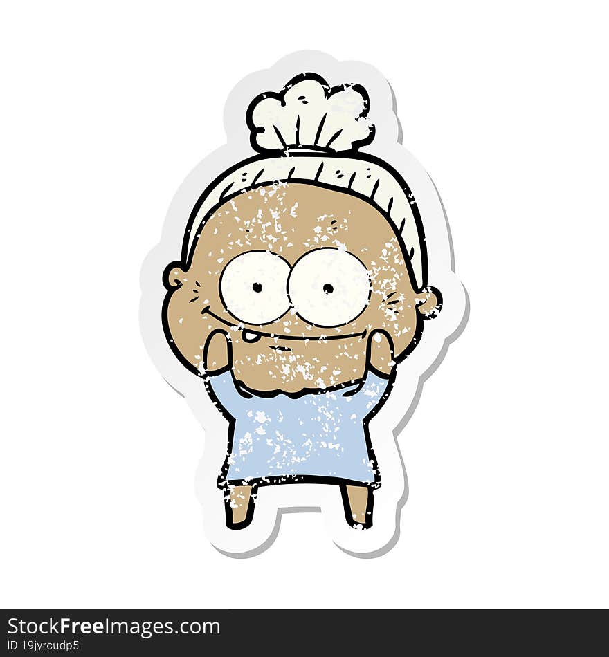 distressed sticker of a cartoon happy old woman