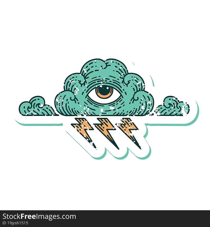 distressed sticker tattoo style icon of an all seeing eye cloud