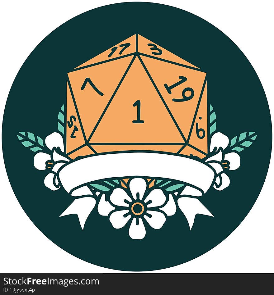 icon of natural one d20 dice roll. icon of natural one d20 dice roll