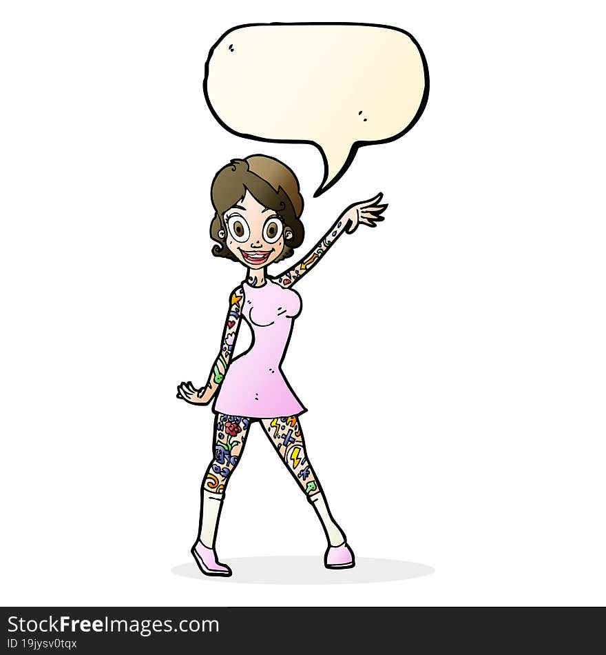 cartoon woman with tattoos with speech bubble